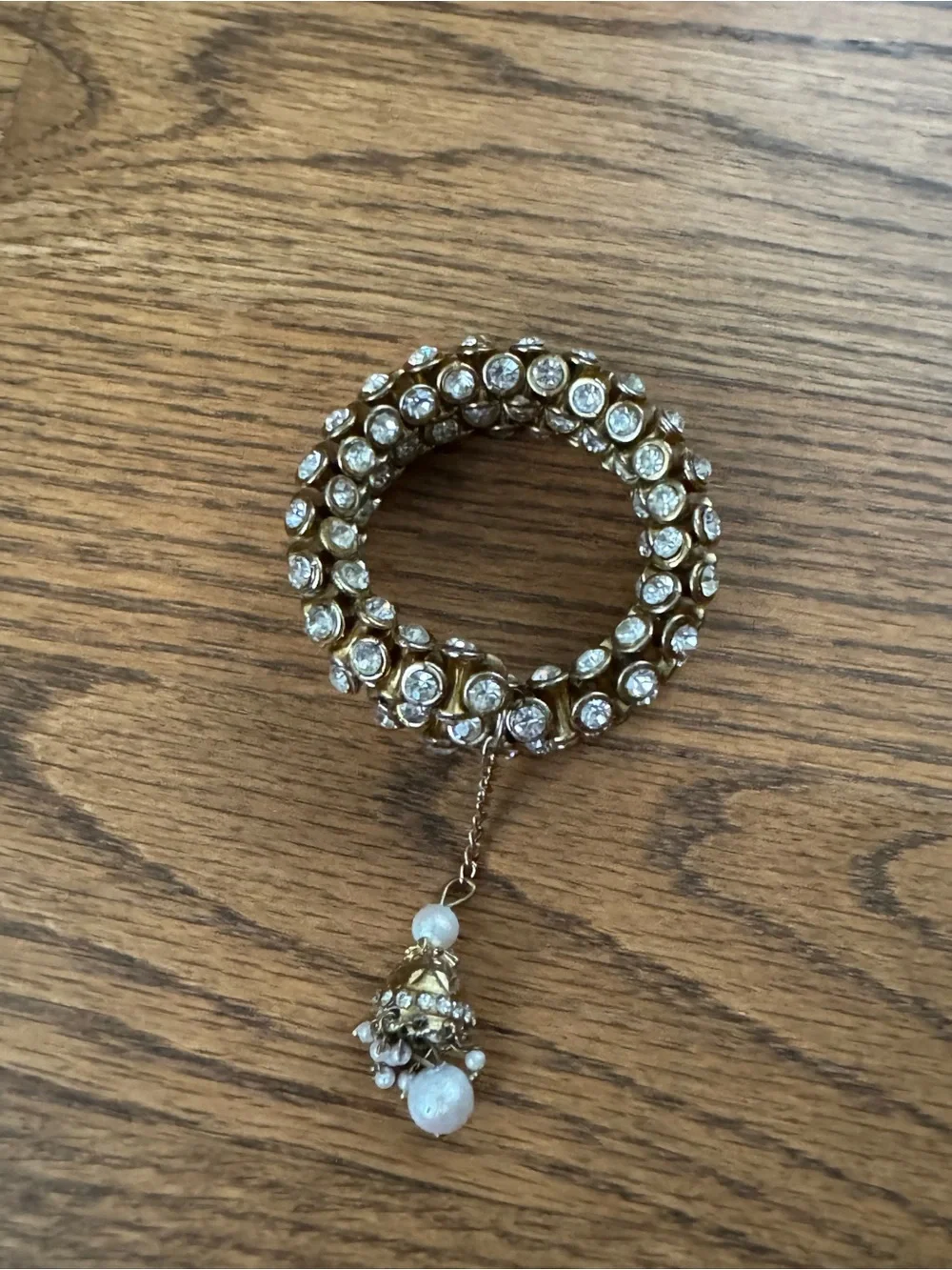 Gold and Crystal Kundan-Style Bangle with Pearl Dangle